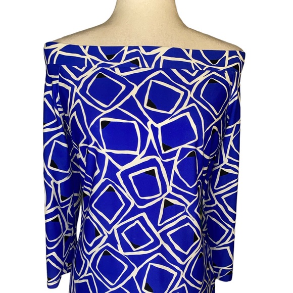 Jude Connally Off the Shoulder Royal Blue White Geometric Print Dress - XL - Picture 2 of 9